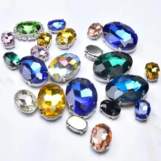 คริสตัลพลอยเทียม รูปไข่ แวววาว ขนาด 13x18 มม., 18x25 มม. ฐานสีเงิน สำหรับ DIY ทำเครื่องประดับ