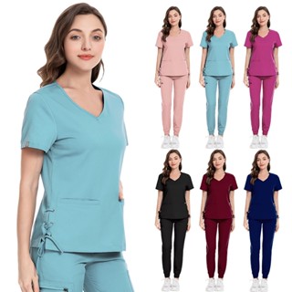 【Ready Stock】New Fashion Womens Elastic Breathable Scrub Suit Short Sleeves V-neck Pocket T-Shirt Top + Drawstring Jogging Pants Nurse Doctor Workwear Surgical Medical Uniform Set