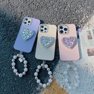 เคสโทรศัพท์มือถือ แบบนิ่ม ลายหัวใจ ประดับเพชร มีสายคล้องไข่มุก สําหรับ iphone 14 13 12 11 Pro Max 14pro 13pro 12pro XsMax xr xs x 7 8 Plus