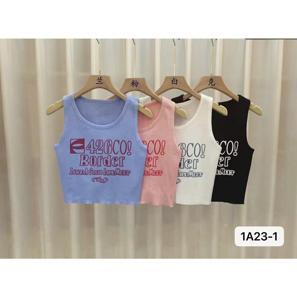 1A23-1 เสื้อครอปผ้าไหมพรม ยืดคอกลม เสื้อครอปครึ่งตัว สาวSM ใส่ได้เสื้อกรีนตัวหนังสือเก๋ๆ