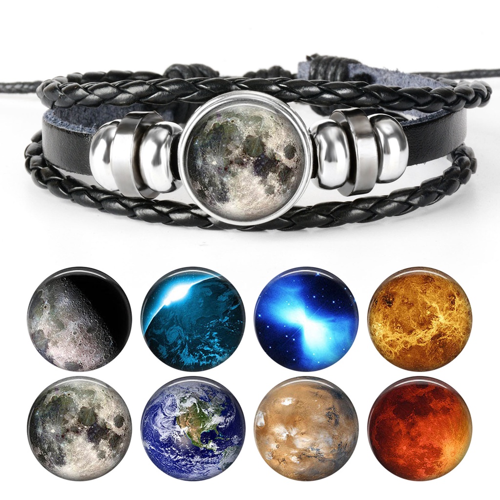 ใหม่ 2023 Full Moon Charm สร้อยข้อมือแฟชั่นจักรวาลเครื่องประดับ Galaxy Planet ปุ่มสีดําสานสร้อยข้อมือหนังผู้ชายผู้หญิงแฟชั่น 5/26