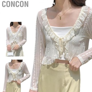 Concon Tie Open Front Short Top  Frill Trim Long Sleeve Tie Front Short Blouse Lace Light Soft Lovely  for Summer