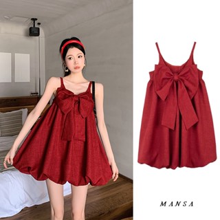 MANSA red bow mini dress ชุดเดรสสั้น เสื้อผ้าแฟชั่นผู้หญิง