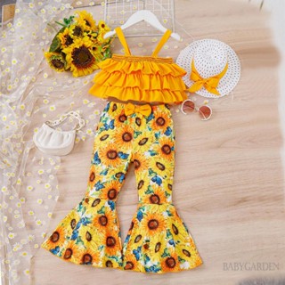 Babygarden-4-7 ปี ชุดเสื้อผ้าเด็กผู้หญิง, เสื้อสายเดี่ยวแขนกุด แต่งระบาย พิมพ์ลายดอกทานตะวัน กางเกงบาน และหมวก ชุดฤดูร้อน