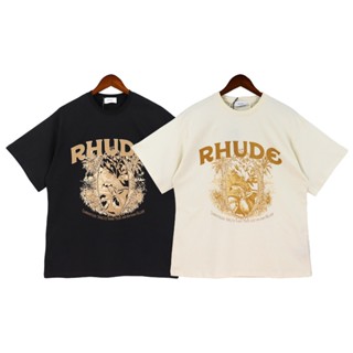 ❤❀ [พร้อมส่ง] ❤ Rhude เสื้อยืดแขนสั้นลําลอง ผ้าฝ้าย ทรงหลวม พิมพ์ลาย โอเวอร์ไซซ์ สไตล์วินเทจ สําหรับผู้ชาย และผู้หญิง