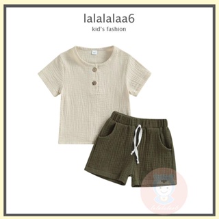 Laa6 เสื้อยืดแขนสั้น คอกลม สีพื้น และกางเกงขาสั้น สําหรับเด็กผู้ชาย