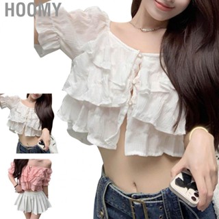 Hoomy Ruffle Off Shoulder Top  Soft Fabric Stylish Prevent Shrink Short Sleeve Blouse Button Up  for Summer