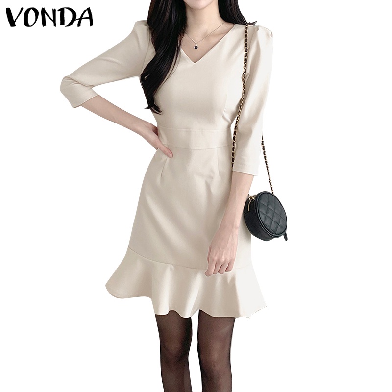 Vonda ชุดเดรสลําลอง คอวี แขนพอง สีพื้น สไตล์เกาหลี สําหรับผู้หญิง
