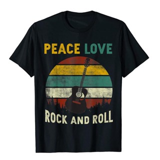 เสื้อยืด พิมพ์ลาย Peace Love Rock And Roll Guitar สไตล์วินเทจ แฟชั่นเรโทร สําหรับนักเรียน