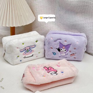 Kawaii Sanrio กระเป๋าถือ กระเป๋าเครื่องสําอาง ผ้ากํามะหยี่ขนนิ่ม ลายตุ๊กตาหมี สตรอเบอร์รี่ เมโลดี้ ซินนาม่อนโรล สําหรับเดินทาง