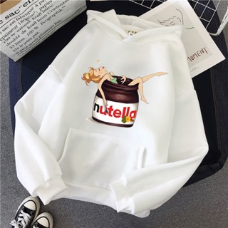 เสื้อกันหนาวลําลอง มีฮู้ด พิมพ์ลาย Nutella Kawaii ทรงหลวม ขนาดใหญ่ สไตล์ฮาราจูกุ เหมาะกับฤดูใบไม้ร่วง และฤดูหนาว สําหรับผู้หญิง ไซซ์ 4XL