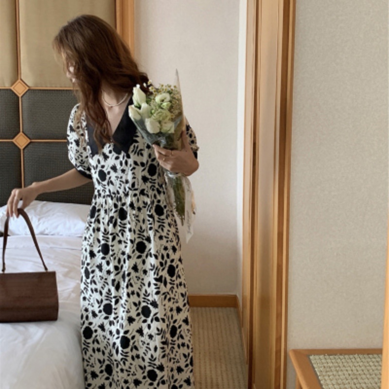 Suxi ชุดเดรสยาว คอวี แขนพอง ลายดอกไม้ สไตล์วินเทจ แฟชั่นฤดูร้อน สําหรับผู้หญิง - รูปที่ 2