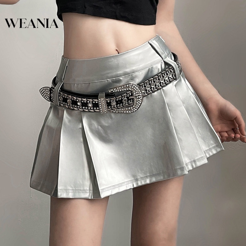 Weania กระโปรงสั้น หนัง Pu แต่งกลิตเตอร์ จับจีบ สไตล์สตรีท สําหรับผู้หญิง (ไม่มีเข็มขัด, พร้อมกางเกงขาสั้นด้านใน)