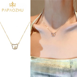 Papaozhu สร้อยคอทอง 14K จี้หมี ประดับเพทาย สไตล์เกาหลี ของขวัญวันวาเลนไทน์ สําหรับผู้หญิง