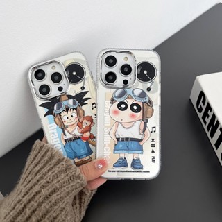 เคสป้องกันโทรศัพท์มือถือ ชุบไฟฟ้า ลายชินจัง ดราก้อนบอล สีเงิน สําหรับ iPhone 11 14 Plus 12 13 Pro Max