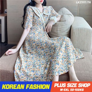 Plus size เสื้อผ้าสาวอวบ❤ เดรสสาวอวบอ้วน ไซส์ใหญ่ ผู้หญิง เดรสลายดอก ยาว แขนสั้น คอบัว ฤดูร้อน สไตล์เกาหลีแฟชั่น