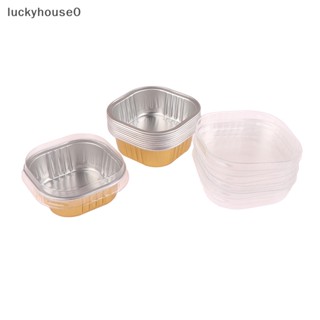 Luckyhouse0^^ ถ้วยฟอยล์อลูมิเนียม ทรงสี่เหลี่ยม พร้อมฝาปิด ทนความร้อน สําหรับใส่คัพเค้ก 10 ชิ้น