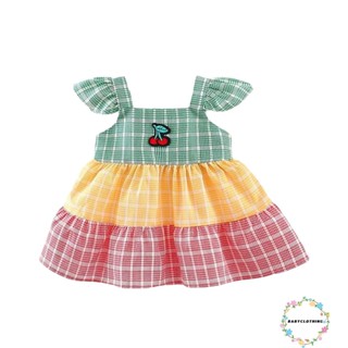 Babyclothes- ชุดเดรส ทรงเอ แขนพอง คอสี่เหลี่ยม ลายสก๊อต ปักลายเชอร์รี่ สีตัดกัน สําหรับเด็กผู้หญิง