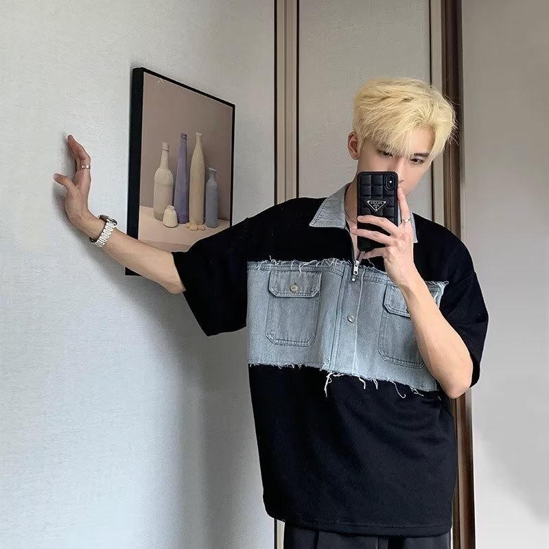 National Street Wear American Retro Lapel เสื้อยืดผู้ชาย Denim Stitching เสื้อโปโลครึ่งแขนเสื้อยืดผู้หญิง Niche Design Sense เสื้อยืดผู้ชาย M-