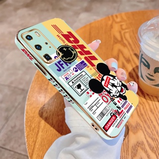 สําหรับ Huawei P20 P30 P40 Pro P20 P30 Lite Nova4E Nova3E นิ่ม ขอบสี่เหลี่ยม ฉลากด่วน มิกกี้ เคสลาย หรูหรา ชุบ เคสโทรศัพท์ แบบนิ่ม