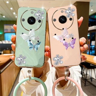 เคสโทรศัพท์มือถือ ลายผีเสื้อบิน พร้อมสายคล้องมือ สีชมพู สําหรับ Realme 11 Pro+ Plus 5G C53 NFC GT NEO5 SE 4G Realme11 11Pro 2023 Realme11Pro+