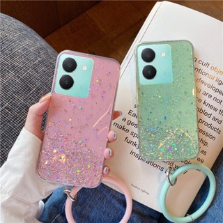 ใหม่ เคสป้องกันโทรศัพท์มือถือ TPU ใส แบบนิ่ม ประดับเลื่อม ฟอยล์สีทอง กันกระแทก มีสายคล้อง สําหรับ VIVO Y36 4G 5G Y02T V27 5G 2023