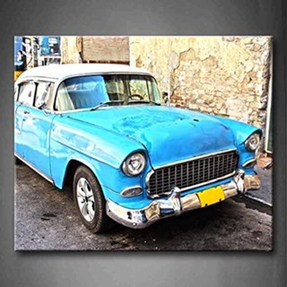 ภาพวาดผ้าใบ รูปรถยนต์ Blue Old Blue Cuban Car In The Street สําหรับตกแต่งบ้าน