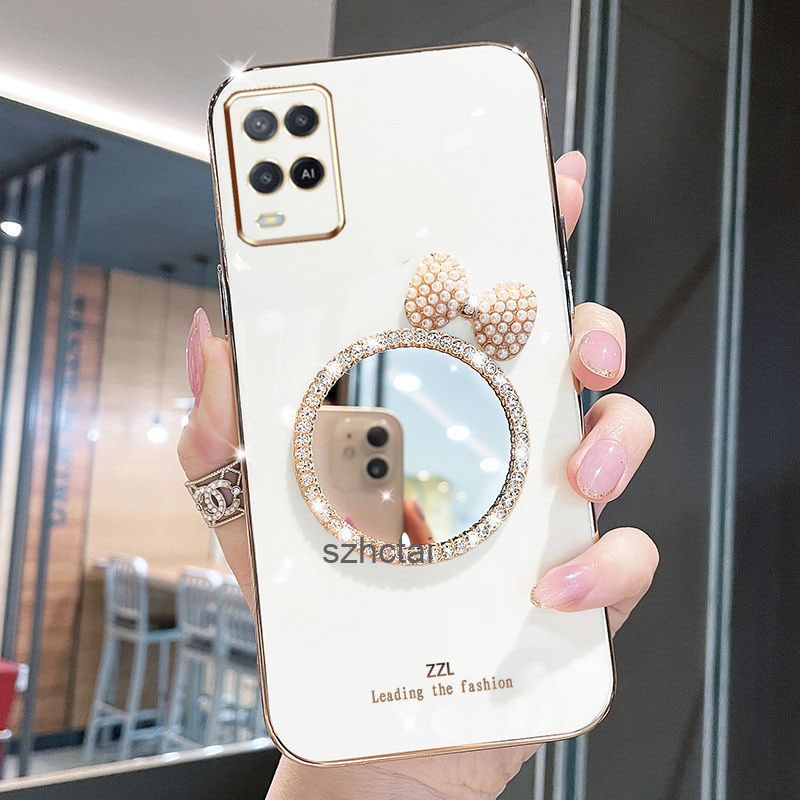 เคส oppo a54 หรูหรา มุก โบว์ กระจกแต่งหน้า ชุบ ซิลิโคน เคสโทรศัพท์ นิ่ม oppo a54