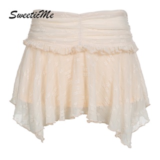 Sweeticme ใหม่ กระโปรงสั้น เอวต่ํา แต่งลูกไม้ ทรงไม่สม่ําเสมอ สีพื้น แฟชั่นสําหรับสตรี 2023