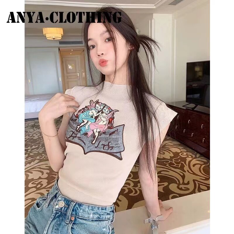 51111 พร้อมส่ง เสื้อยืด ไหมพรมแขนสั้น เข้าเอวลายนางฟ้าแมว เสื้อถักแขนกุด มีสายรัดด้านหลัง