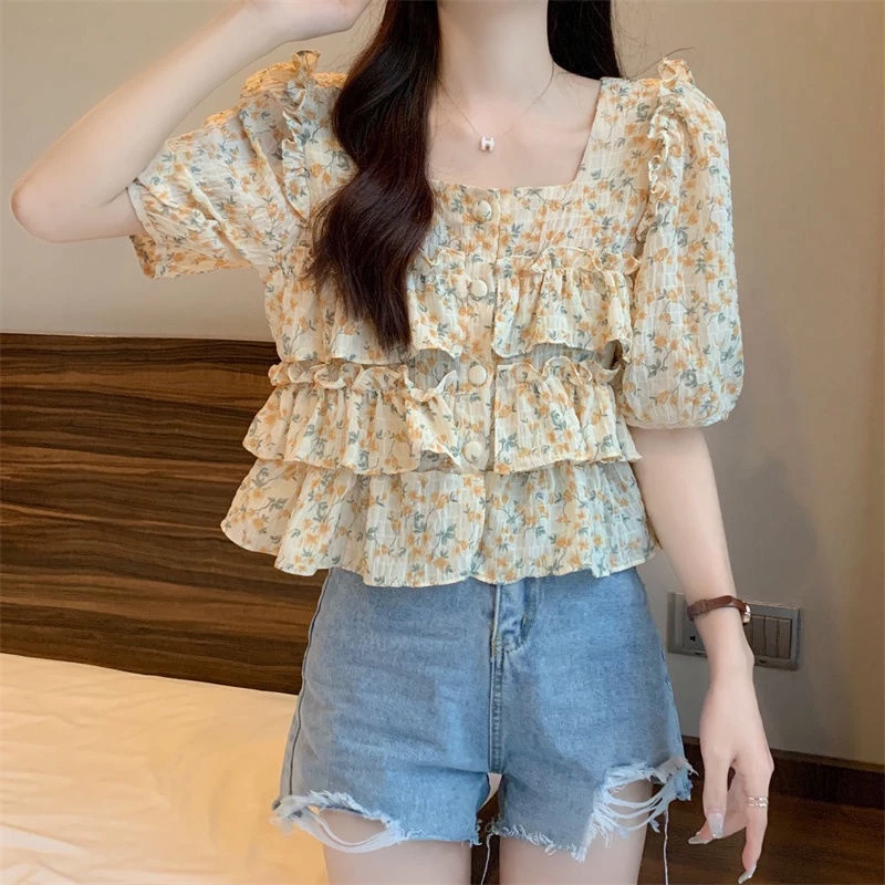 Bee เสื้อชีฟองลายดอก ปลอกคอสแควร์ แขนสั้น สไตล์เกาหลี thumbnail 6