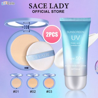 SACE LADY 2PCS Compact Powder &amp; Sunscreen Matte Waterproof Sunscreen Set ราคาถูกและใช้ง่าย กันเหงื่อ กันรังสีอัลตราไวโอเลตเพื่อให้แต่งหน้าได้ง่าย ↑Eele