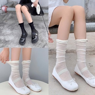 Zuo Summer Womens Calf Socks Thin Japanese Style Cute Lace Mesh Straight Stockings