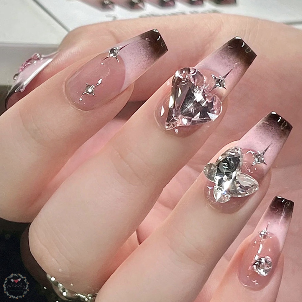 BLNAIL ดาวและพลอยเทียม ตกแต่งเล็บปลอม ปลายสีดํา ทนทาน & ไม่เคยแยกเล็บปลอม สบาย ล็บปลอม 24 ชิ้น