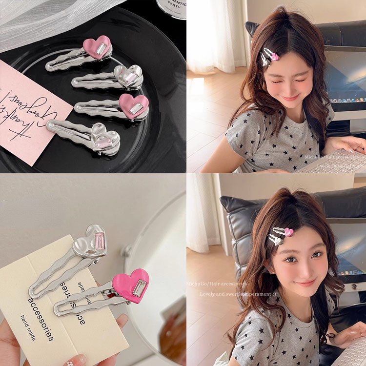 กิ๊บติดผม โลหะผสม รูปหัวใจ ประดับเพชร สีชมพู สําหรับผู้หญิง