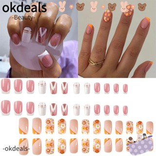 Okdeals เล็บปลอม แบบกด ถอดได้ ความยาวปานกลาง แฟชั่นฝรั่งเศส สําหรับผู้หญิง