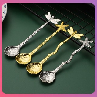 Creative Retro Pastoral Style Coffee Spoon Dragonfly Straight Handle Creative Dragonfly Pattern Water Drop Ice Cream Spoon Exquisite Dessert Cake Spoon [COD]