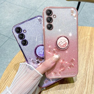 เคสโทรศัพท์มือถือแบบนิ่ม TPU แต่งกลิตเตอร์ ไล่โทนสี พร้อมแหวนขาตั้ง หรูหรา สําหรับ Samsung S23 FE S23 S22 S21 Ultra Plus S20 S21 FE A54 A34 A14