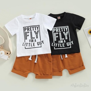 Hian-toddler เสื้อยืด พิมพ์ลายตัวอักษร และกางเกงขาสั้น สีพื้น สําหรับเด็กผู้ชาย