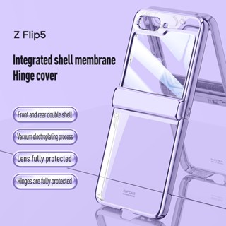 Luxury Transparent Plating Casing For Samsung Galaxy Z Flip 5 Flip5 ZFlip5 5G Foldable Shockproof Hard Phone Case Samsung Z Flip5 Tempered Glass Bumper Protection Back Cover Shell