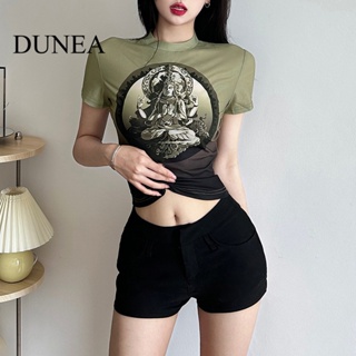 Dunea เสื้อครอปท็อป เข้ารูป สีพื้น เซ็กซี่ สําหรับผู้หญิง