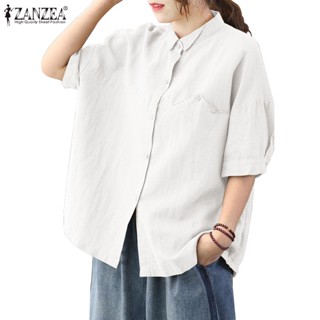 Zanzea เสื้อเชิ้ตแขนครึ่ง ผ้าฝ้าย ผ้าลินิน เปิดไหล่ สไตล์เกาหลี สําหรับผู้หญิง