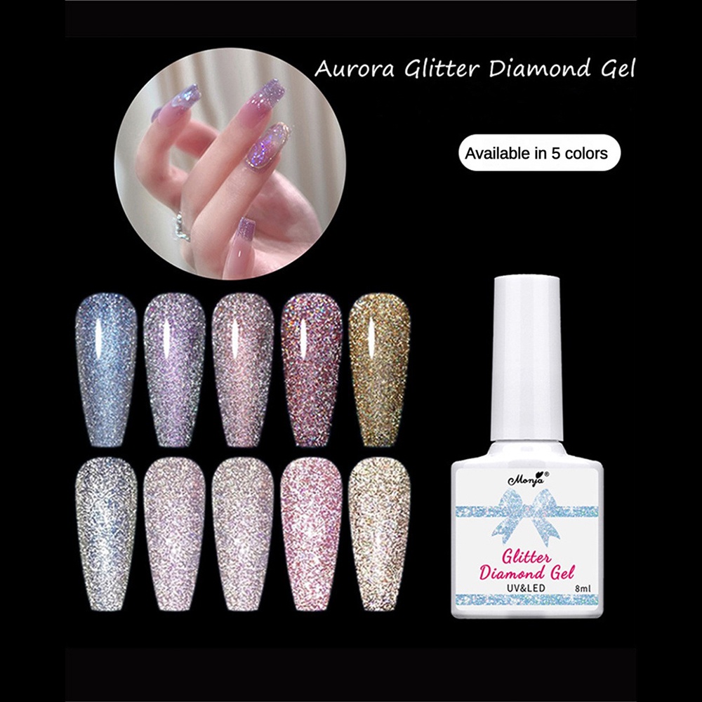 สีเจลแฟลช สีทาเล็บเจล Monja Aurora Glitter Diamond Gel แห้งไว สีทาเล็บ เจลทาเล็บต้องอบ5 สี สําหรับตกแต่งเล็บ