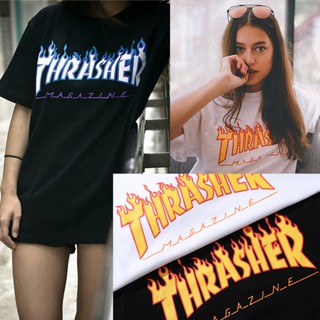 เสื้อลายไฟthrasher เปลวไฟ เก๋ๆ แฟชั่น แขนสั้น เสื้อยืดสตรีท ผู้ชายและผู้หญิงใส่ได้แขนสั้นคอกลม เสื้อยืด oversize