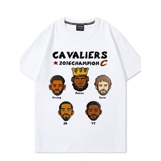 แฟชั่น James Cavaliers เสื้อยืดแขนสั้นผู้ชายพิมพ์ลายการ์ตูนบาสเก็ตบอลลำลองน้ำขนาดใหญ่ฤดูร้อน เสื้อผ้า