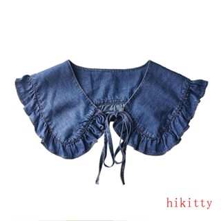 Hik ผู้หญิง ผ้าฝ้าย ล้างยีนส์ สีฟ้า สร้อยคอปลอม แต่งระบาย ผ้าคลุมไหล่ คาเปเลต