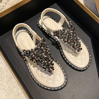 🌼แฟชั่นฤดูร้อน รองเท้าแตะรัดส้น แบน รองเท้าแตะ rhinestone กันลื่น เบามากในการสวมใส่, Size:35-43