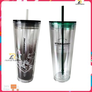 พร้อมส่ง Starbucks Double Layer Transparent Plastic Cup Creative Water Cup Pp Plastic Straw Design Comfort Straw Cup 710ml/24oz excellent_th