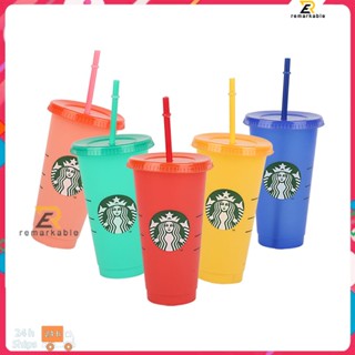 สต็อกพร้อม 710ml/24oz Starbucks Trimming Straw Cup สามารถใช้ซ้ำได้เพื่อใช้ถ้วยกาแฟแบบใสสำหรับผู้หญิงผู้ชาย โดดเด่น_th