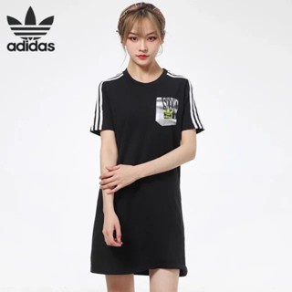 Adidas ของแท้ 100% ชุดเดรสกีฬา คอกลม ลายทาง ใส่สบาย แฟชั่นฤดูร้อน สําหรับผู้หญิง HA4719